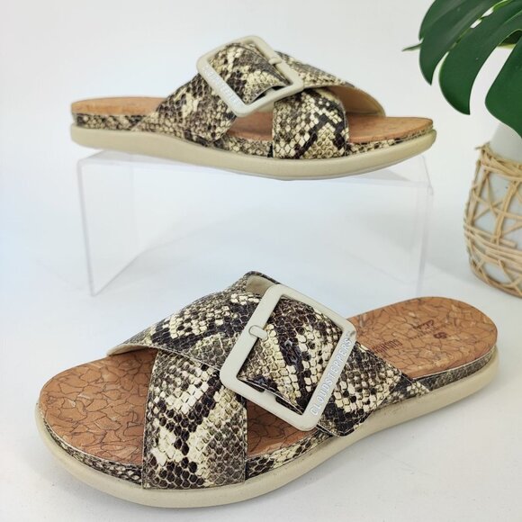 Clarks Women's JuneShell Taupe Snake Leather Slide Sandal Size 6M - Picture 1 of 9